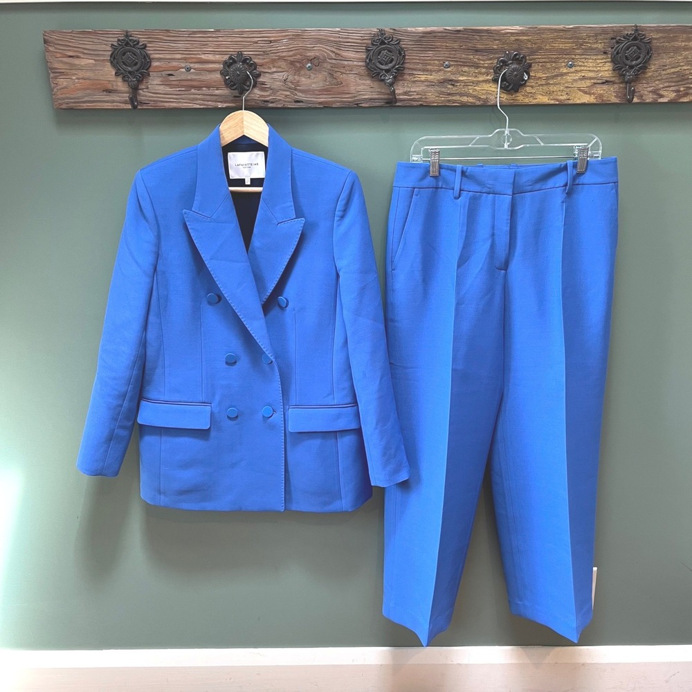 Lafayette 148 New York Royal Blue‎ Wool Silk Double Breasted Pant Suit Set 8 M